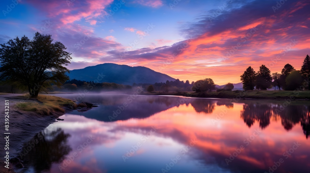 Serene sunrise over a calm lake with vibrant sky reflections and distant mountains, offering a tranquil nature scene. Serene sunrise over a calm lake with vibrant sky reflections and distant mountains, offering a tranquil nature scene.