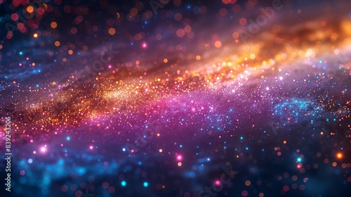 An abstract image of the Milky Way galaxy, with vibrant colors and tiny, strange life forms interspersed among the stars and cosmic dust. Flat color illustration, shiny, Minimal and Simple,