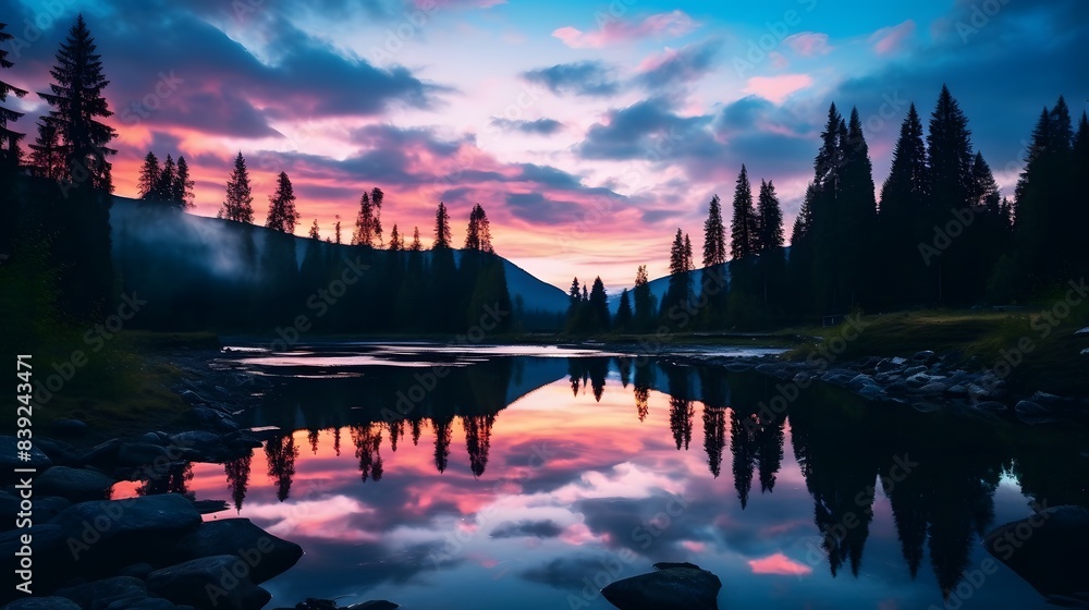 Obraz premium Serene lake at twilight with a vibrant sky reflecting amidst evergreen trees and mountains, generating a peaceful and calming atmosphere.