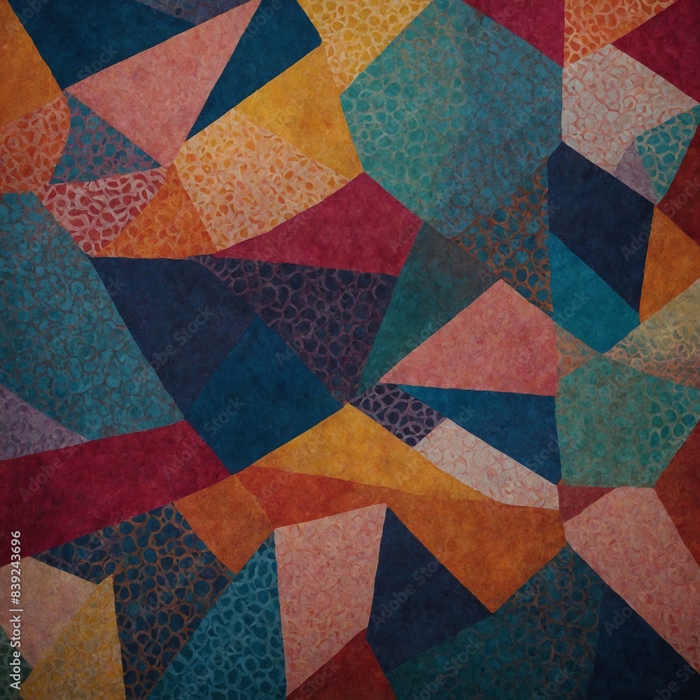 Collection of polygons, each exhibiting unique texture, color. These polygons arranged in random pattern, forming abstract mosaic. Colors range from shades of blue, orange, red, to green. Collection of polygons, each exhibiting unique texture, color. These polygons arranged in random pattern, forming abstract mosaic. Colors range from shades of blue, orange, red, to green.