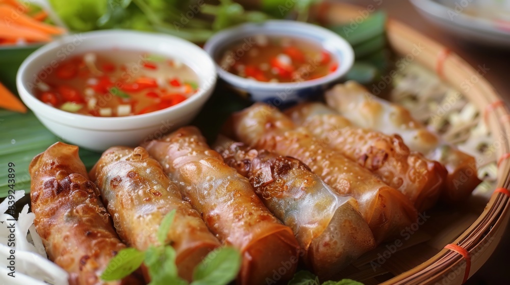 A delightful serving of cha gio, crispy Vietnamese fried spring rolls filled with minced pork, shrimp, and vegetables, served with dipping sauce A delightful serving of cha gio, crispy Vietnamese fried spring rolls filled with minced pork, shrimp, and vegetables, served with dipping sauce