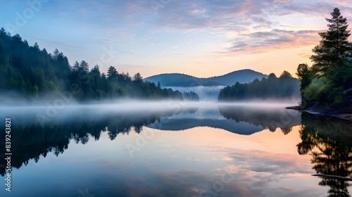 A serene lake scene at dawn, reflecting the forested hills and colorful sky in the calm, mist-covered waters.