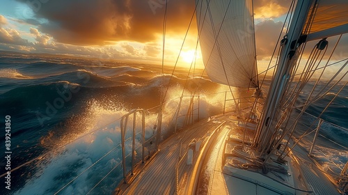 Cruising sailboat sailing in the Mediterranean Sea at sunset #839243850