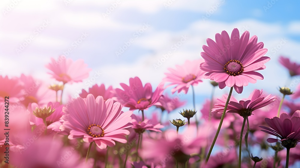 Bright pink daisy flowers bloom under a blue sky with soft clouds, creating a vibrant and cheerful outdoor scene. Bright pink daisy flowers bloom under a blue sky with soft clouds, creating a vibrant and cheerful outdoor scene.