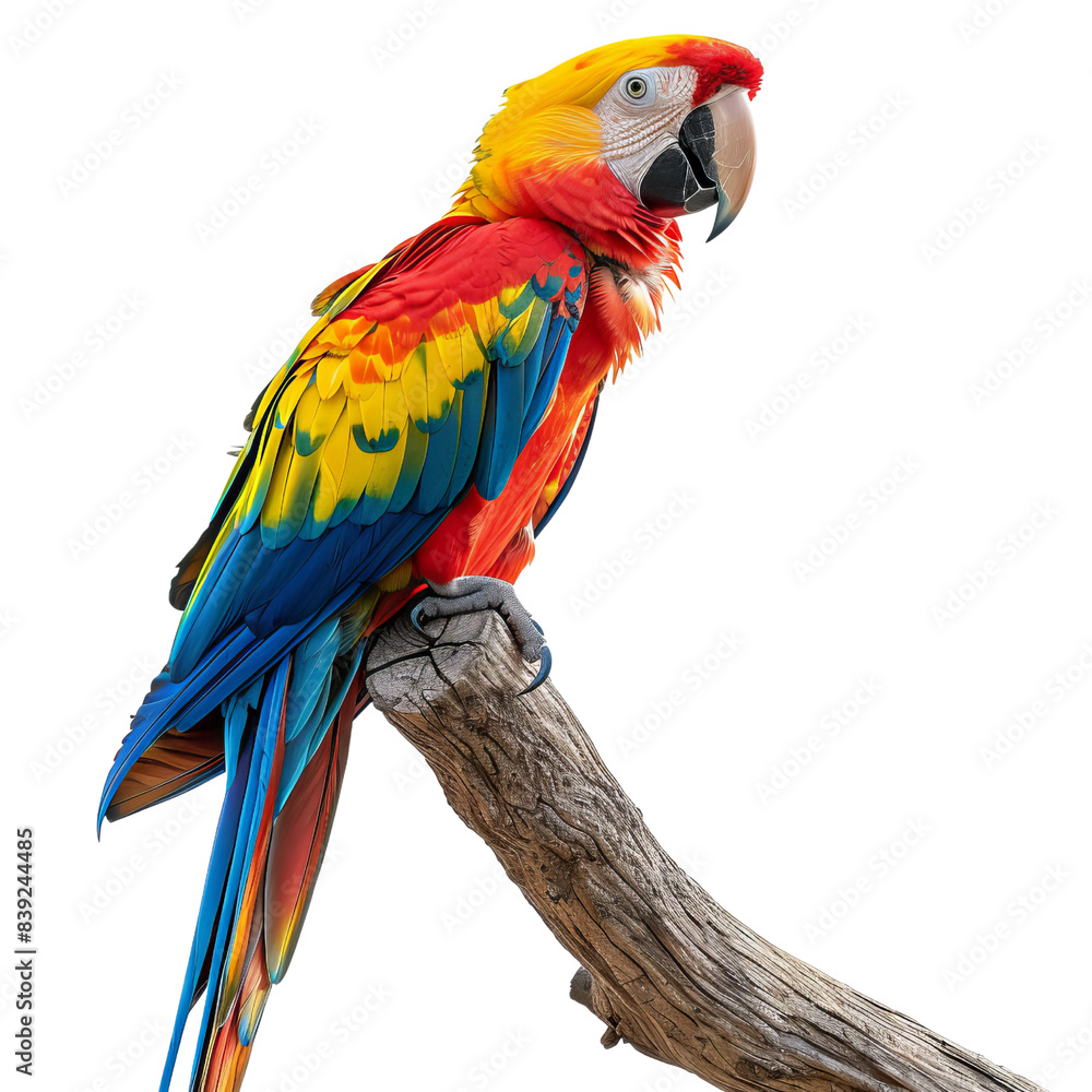 Fototapeta premium A vibrant and colorful scarlet macaw perched on a branch. Perfect for wildlife and nature-themed designs.