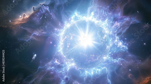 A detailed view of a neutron star with its intense magnetic field, highlighting small, strange life forms floating in the magnetosphere. Flat color illustration, shiny, Minimal and Simple,