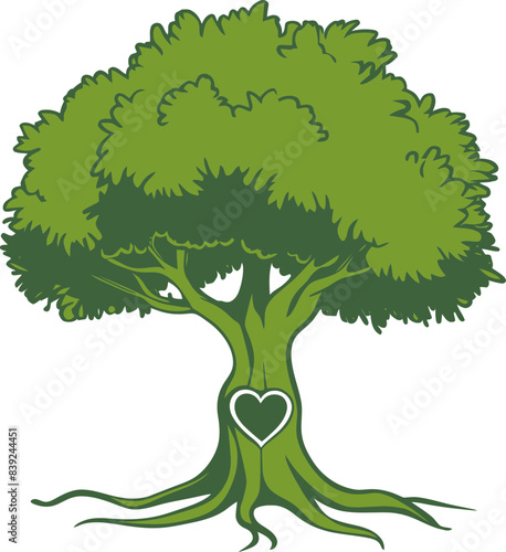 illustration of a lush green tree with a heart-shaped carving in its trunk