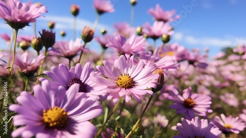 A vibrant field of pink daisies in full bloom under a clear blue sky  capturing the essence of spring s beauty.