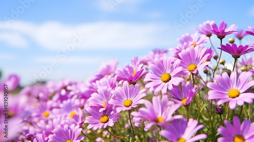 A vibrant field of purple daisies in full bloom under a clear blue sky  symbolizing the beauty of nature and springtime.