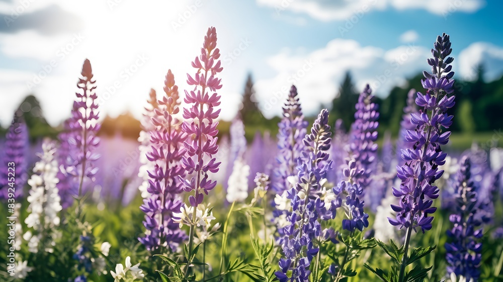 Obraz premium A vibrant field of lupine flowers in full bloom, with purple and white blossoms under a bright sunny sky, brings nature alive in summer.