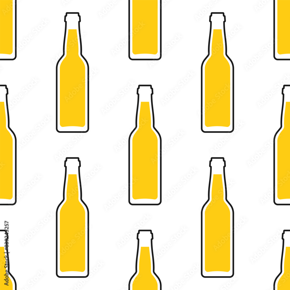 Beer bottles vector seamless pattern. Stylized yellow icons with black outline on white background. Beer bottles vector seamless pattern. Stylized yellow icons with black outline on white background.
