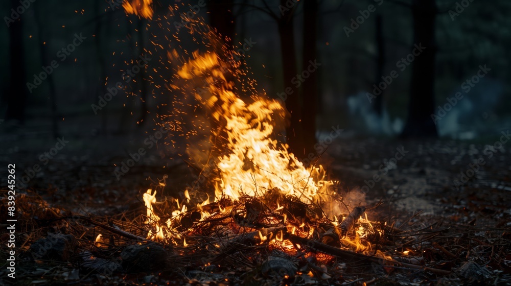 A bonfire burns brightly against the backdrop of a dark forest A bonfire burns brightly against the backdrop of a dark forest
