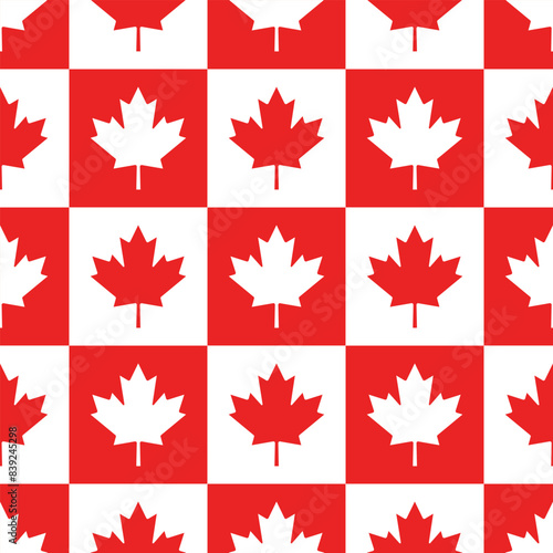 Canadian vector seamless pattern. Maple leaves on chess background in red and white colors. Best for textile, wallpapers, decoration, wrapping paper, package and web design.