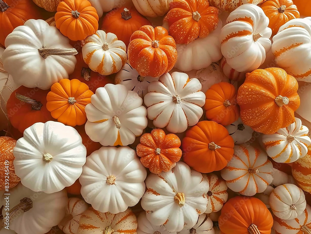 Lots of orange and white pumpkins, festive Halloween pumpkin background