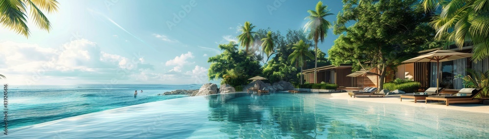 The photo shows a beautiful beach with white sand, crystal clear water, palm trees, and a luxurious villa. The photo shows a beautiful beach with white sand, crystal clear water, palm trees, and a luxurious villa.