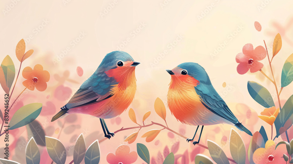 Spring-themed vector art featuring birds and plants in a minimalist style Spring-themed vector art featuring birds and plants in a minimalist style