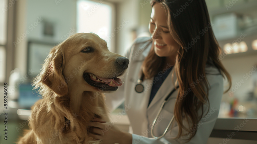 A beautiful female vet in a state-of-the-art clinic pets a noble golden retriever during a check-up, showcasing the warmth and professionalism of veterinary care. A beautiful female vet in a state-of-the-art clinic pets a noble golden retriever during a check-up, showcasing the warmth and professionalism of veterinary care.
