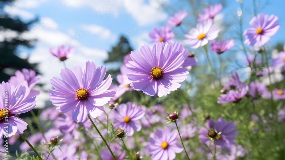 Vibrant purple daisies bloom under a sunny blue sky, creating a picturesque and serene outdoor scene teeming with color and life. Vibrant purple daisies bloom under a sunny blue sky, creating a picturesque and serene outdoor scene teeming with color and life.