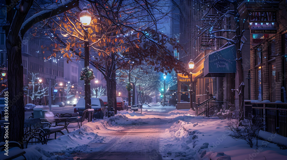 Happy Winter, At Night City With Beautiful Snow Covered, Generative Ai