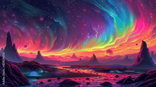 An illustration of a colorful aurora on an alien planet, with tiny, peculiar life forms resembling insect-cell hybrids floating in the magnetic field. Flat color illustration, shiny, Minimal and photo