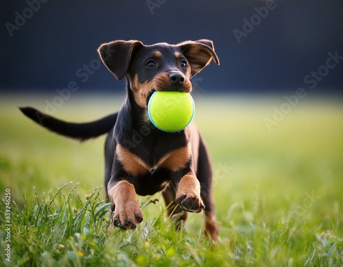 Perrito jugando con una pelota en un prado; diversión con mascotas photo