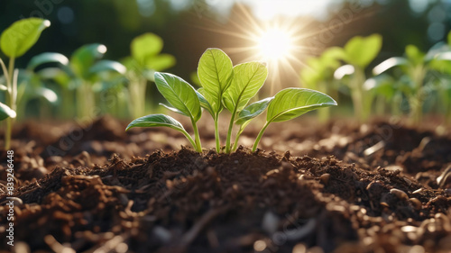 Illuminated Growth: Sunlight Illuminating the Growth of Young Plants in Healthy Soil, Generative AI