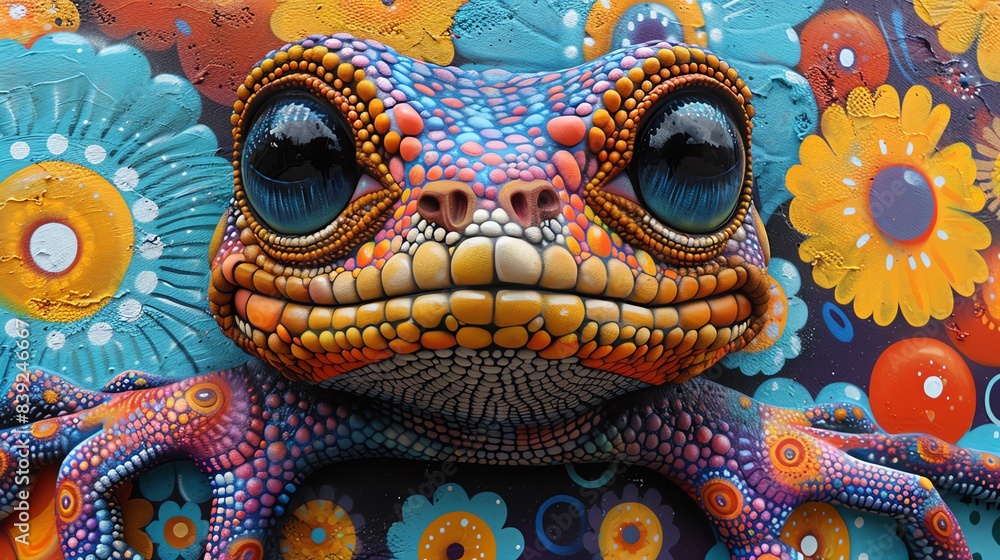 Close-up of a colorful frog with large eyes against a floral background. Close-up of a colorful frog with large eyes against a floral background.