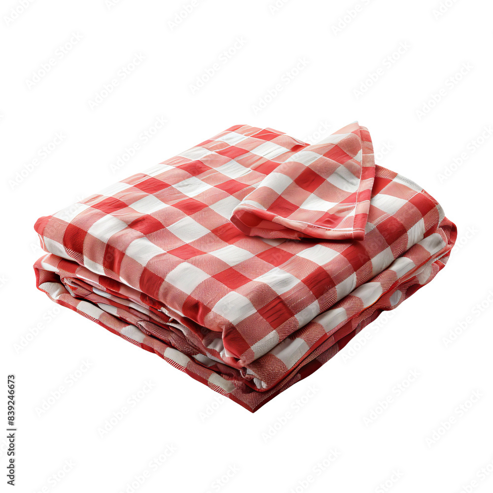 Folded red and white checkered blanket or tablecloth isolated on white background. Cozy textile for home or picnic use. Folded red and white checkered blanket or tablecloth isolated on white background. Cozy textile for home or picnic use.
