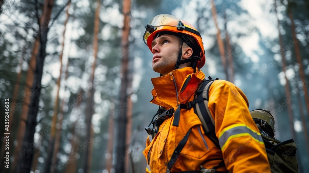 A firefighter in full gear stands in a forest, smoke visible in the background A firefighter in full gear stands in a forest, smoke visible in the background