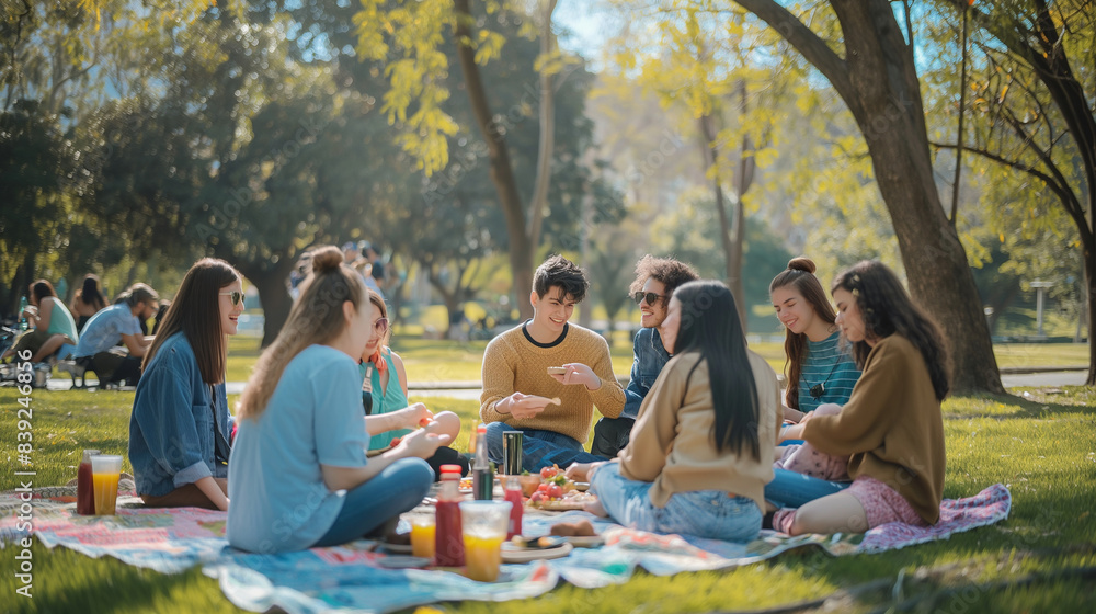 A group of teenagers having a picnic in the park, enjoying delicious food and playing games on a beautiful day. A group of teenagers having a picnic in the park, enjoying delicious food and playing games on a beautiful day.