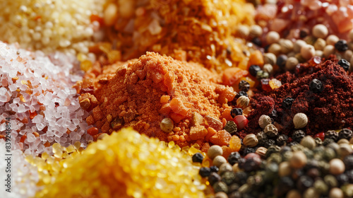 Various colourful spices of india close up background salt, peppercorns, turmeric, close-up