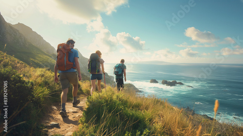 Friends hiking along a coastal trail, with stunning ocean views and the refreshing sea breeze enhancing their journey.