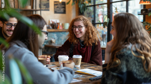 A casual coffee meeting between mentors and mentees, exchanging advice and experiences in a welcoming cafÃ© environment.