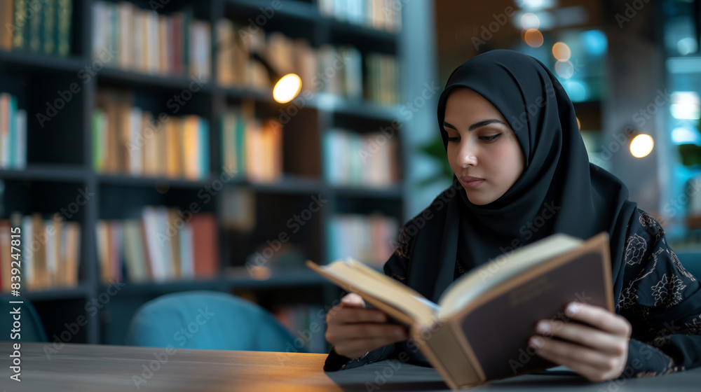 A modern Muslim woman in hijab, reflecting on her faith while reading the Quran in a sleek, well-lit study area. A modern Muslim woman in hijab, reflecting on her faith while reading the Quran in a sleek, well-lit study area.