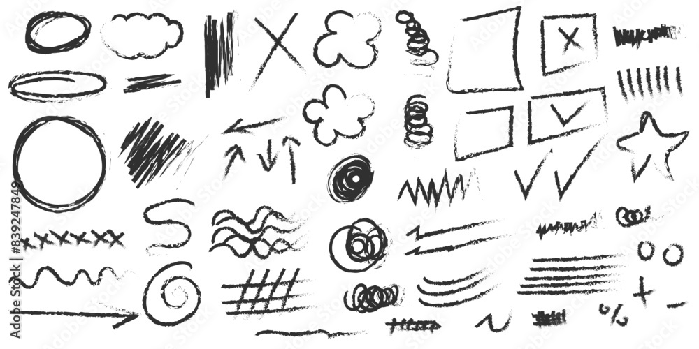 set of charcoal doodle, drawn scribble, texture illustration. vector flat design set of charcoal doodle, drawn scribble, texture illustration. vector flat design