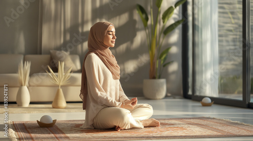 A modern Muslim woman in hijab, meditating and praying on a stylish prayer mat in a minimalist living room. photo