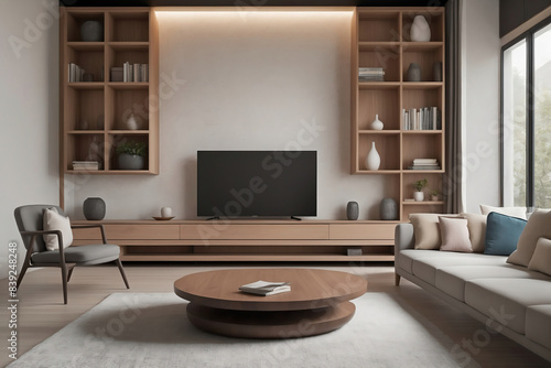 Modern Minimalist Living Room with Wooden Furniture, Large TV, and Natural Light © KraPhoto