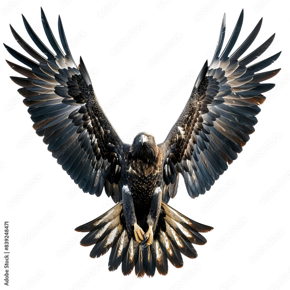 Obraz premium Majestic eagle with outstretched wings in mid-flight, showcasing its impressive plumage and powerful presence against a white background.