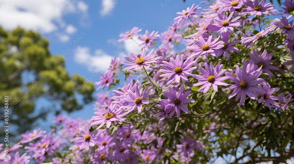 Beautiful purple daisies in full bloom against a clear blue sky with a touch of greenery. Beautiful purple daisies in full bloom against a clear blue sky with a touch of greenery.