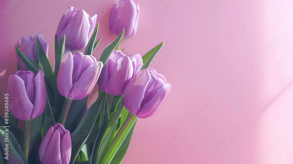 Fototapeta premium Purple tulips on a pastel seafoam green background with plenty of space for copy