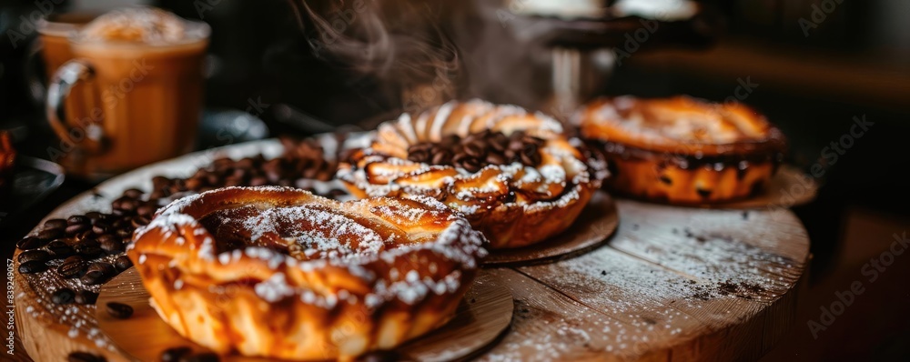 Delicious freshly baked pastries with powdered sugar and coffee beans, served on a wooden board in a cozy cafe setting. Delicious freshly baked pastries with powdered sugar and coffee beans, served on a wooden board in a cozy cafe setting.