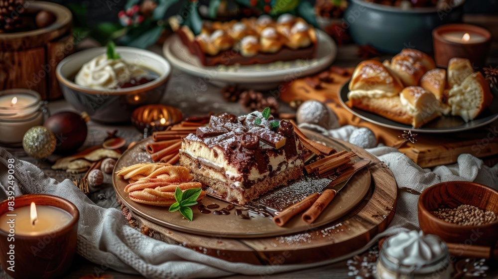 Fototapeta premium A festive table setting with various holiday desserts, including a tiramisu, cinnamon rolls, and candles, creating a cozy atmosphere.