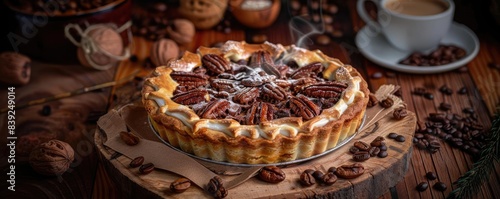 Delicious pecan pie on a wooden tray surrounded by coffee beans and nuts, perfect for a cozy autumn dessert.
