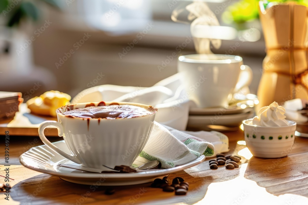 A cozy morning scene with a steaming cup of coffee, whipped cream, and scattered coffee beans on a sunny kitchen table. A cozy morning scene with a steaming cup of coffee, whipped cream, and scattered coffee beans on a sunny kitchen table.