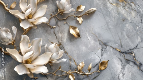 A painting of a bouquet of white flowers with gold accents