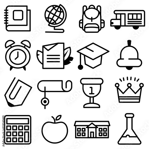 Line icons of school elements on isolated white background. Vector illustration.