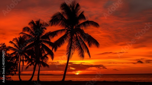 A stunning tropical sunset with vivid orange and red skies  silhouetted palm trees  and a serene beach creating a perfect summer evening scene.