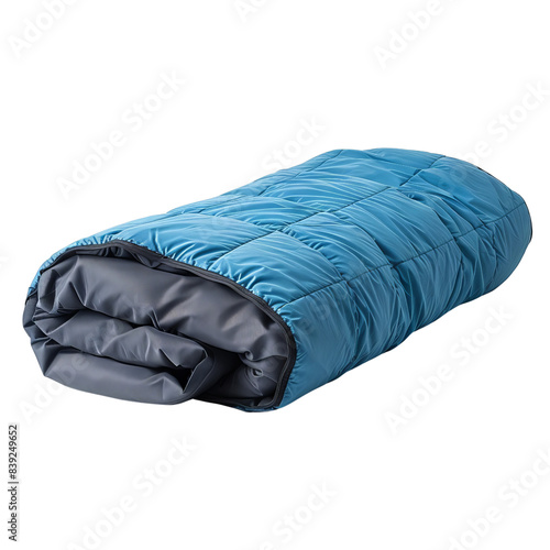 Rolled-up blue sleeping bag isolated on a white background. Perfect for camping, hiking, and outdoor adventures. Lightweight and portable.