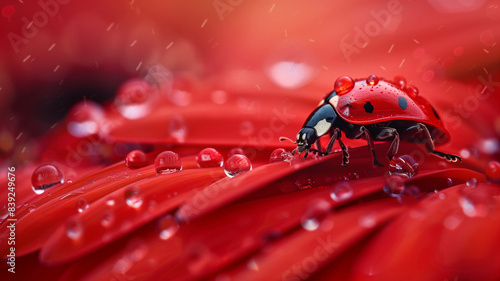 Close-up shot of a ladybug on a red flower petal covered in water drops, blurred background
