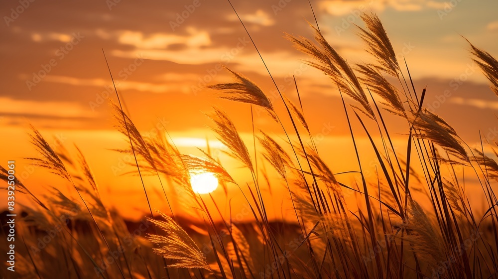 Golden grass illuminated by the warm sunset light creates a serene and tranquil natural scene against a vibrant sky. Golden grass illuminated by the warm sunset light creates a serene and tranquil natural scene against a vibrant sky.